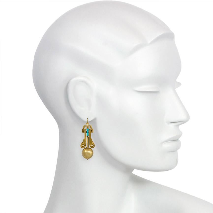 Antique Victorian Gold Earrings with Bead Pendants and Turquoise Accents In Good Condition In New York, NY