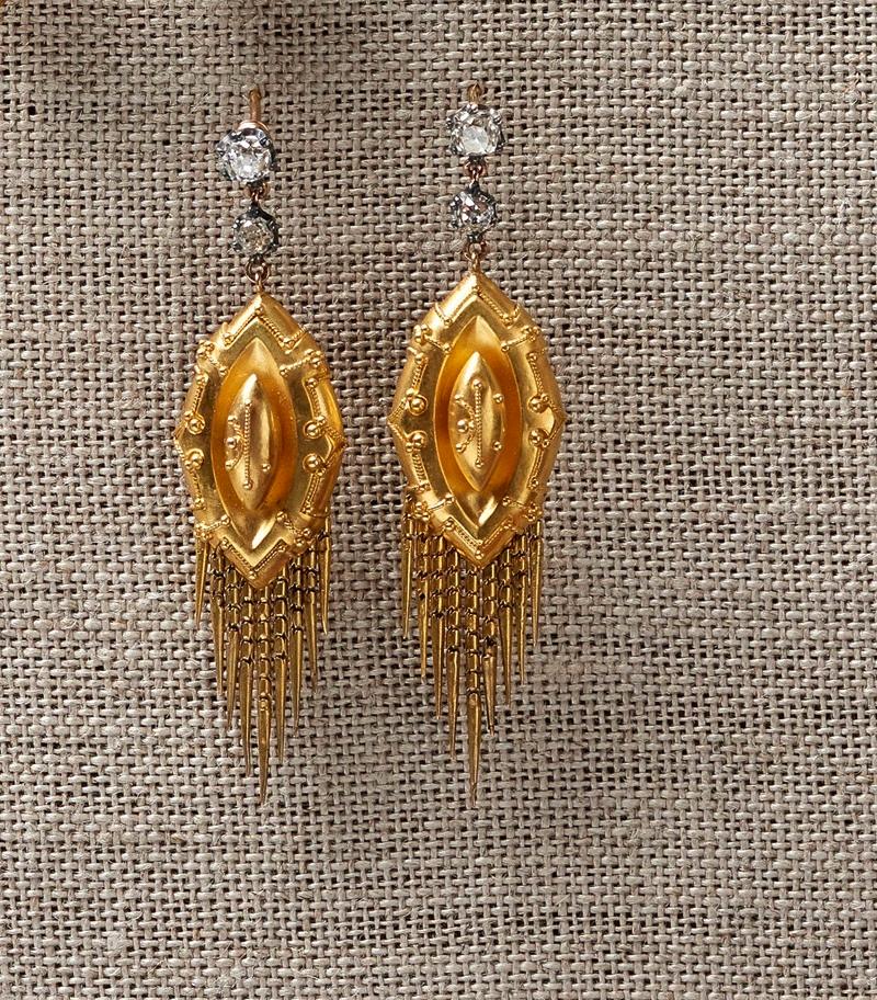 Victorian Gold and Silver Old Cut Mine Diamond Drop Earrings For Sale 1
