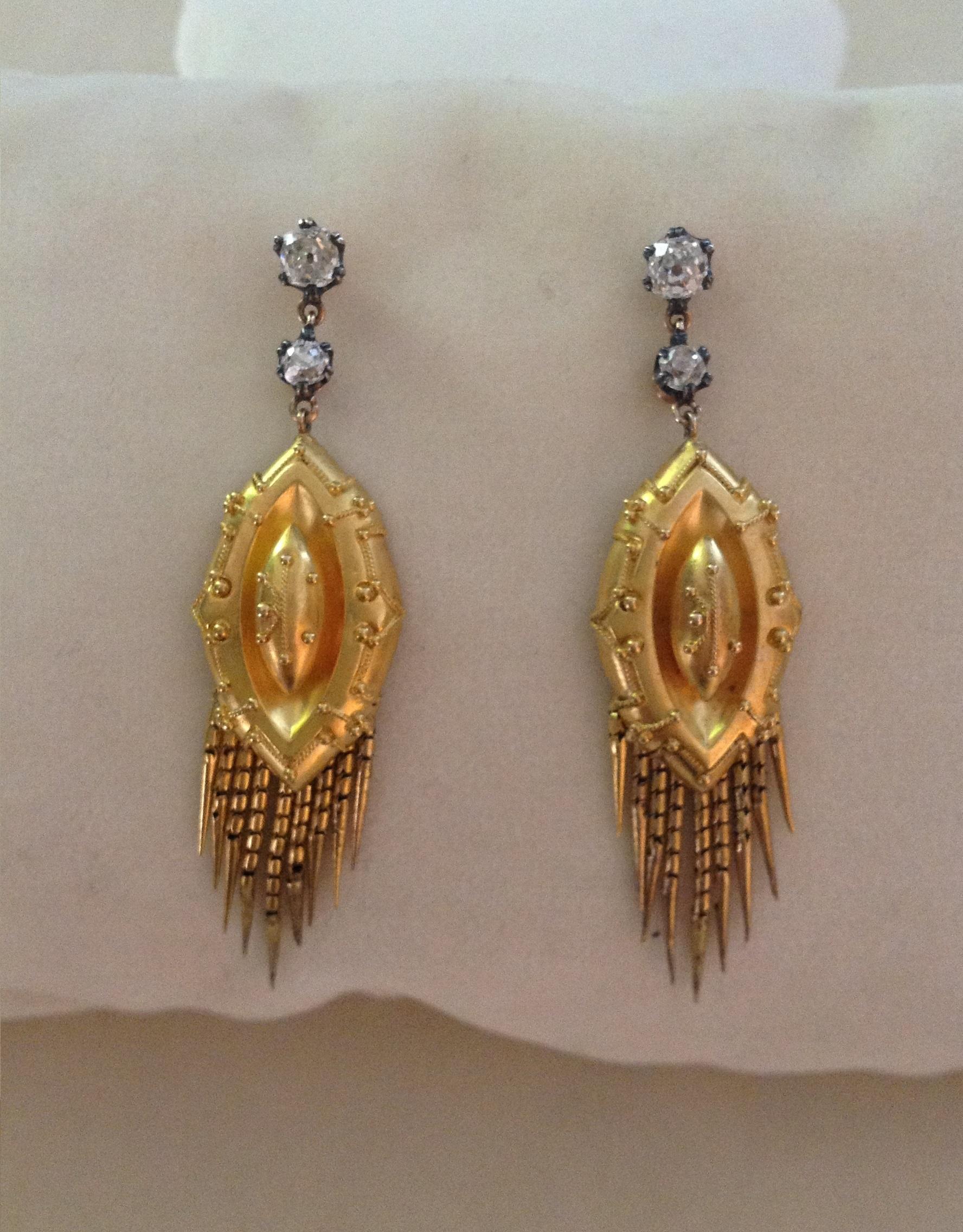 Victorian Gold and Silver Old Cut Mine Diamond Drop Earrings For Sale 2