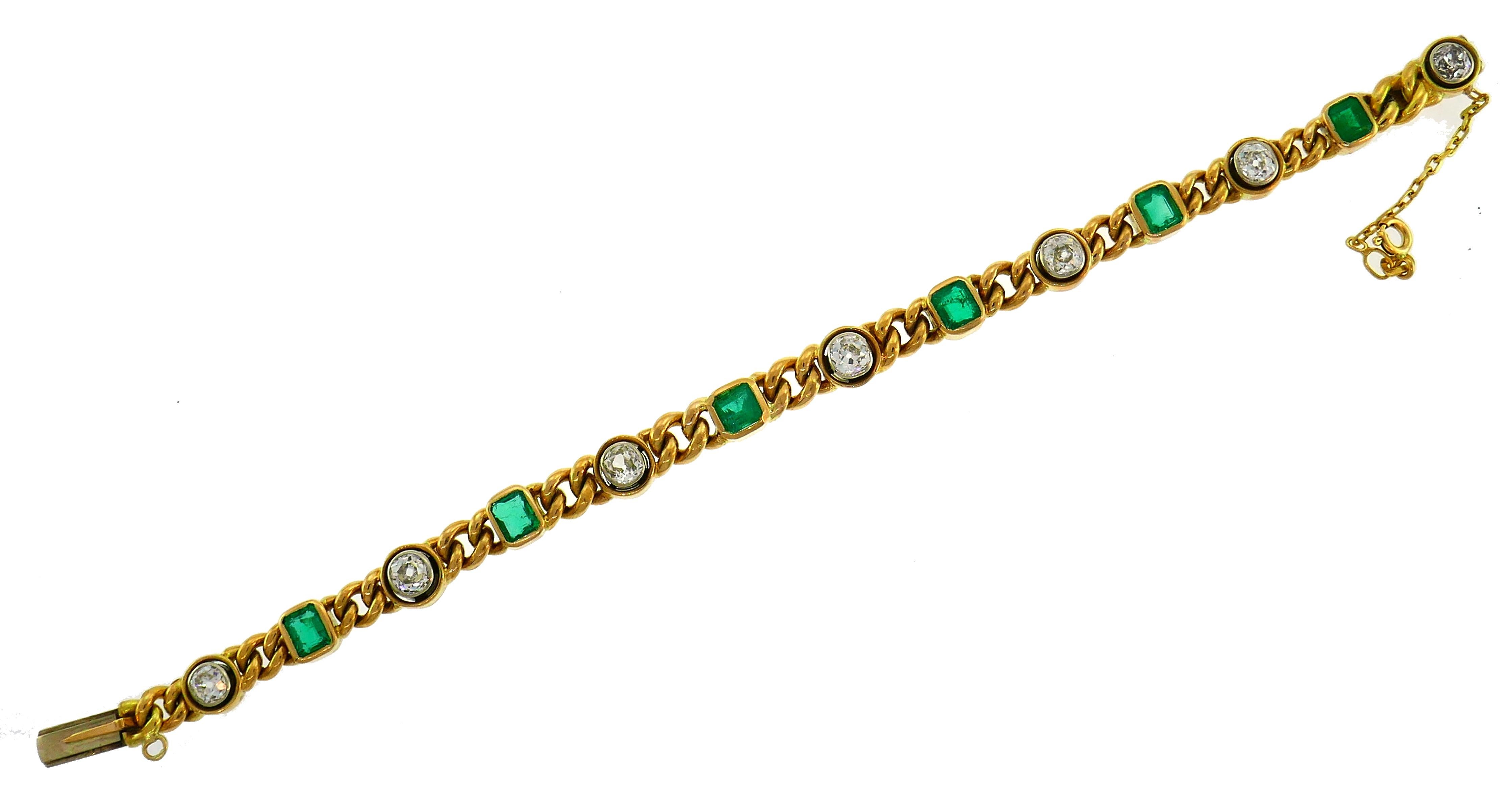 Victorian Gold Emerald Diamond Line Bracelet Antique English In Good Condition In Beverly Hills, CA