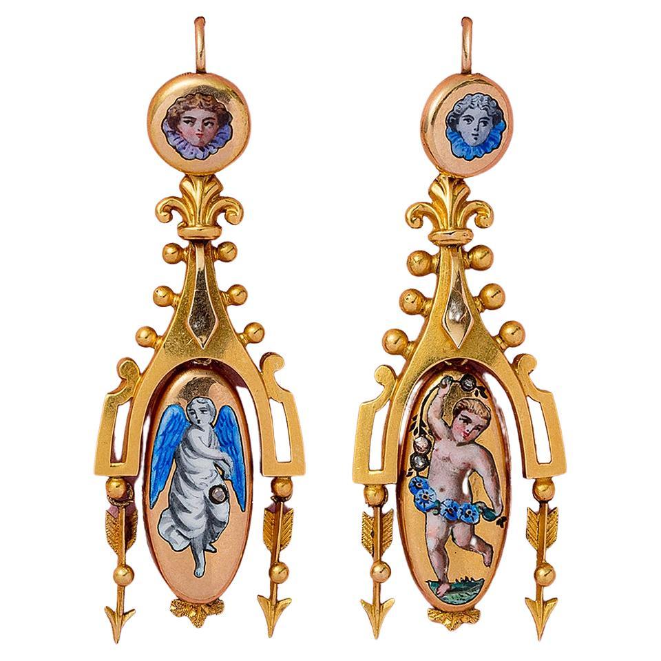 Boucles d'oreilles ange victoriennes en or, émail et diamants avec médaillons