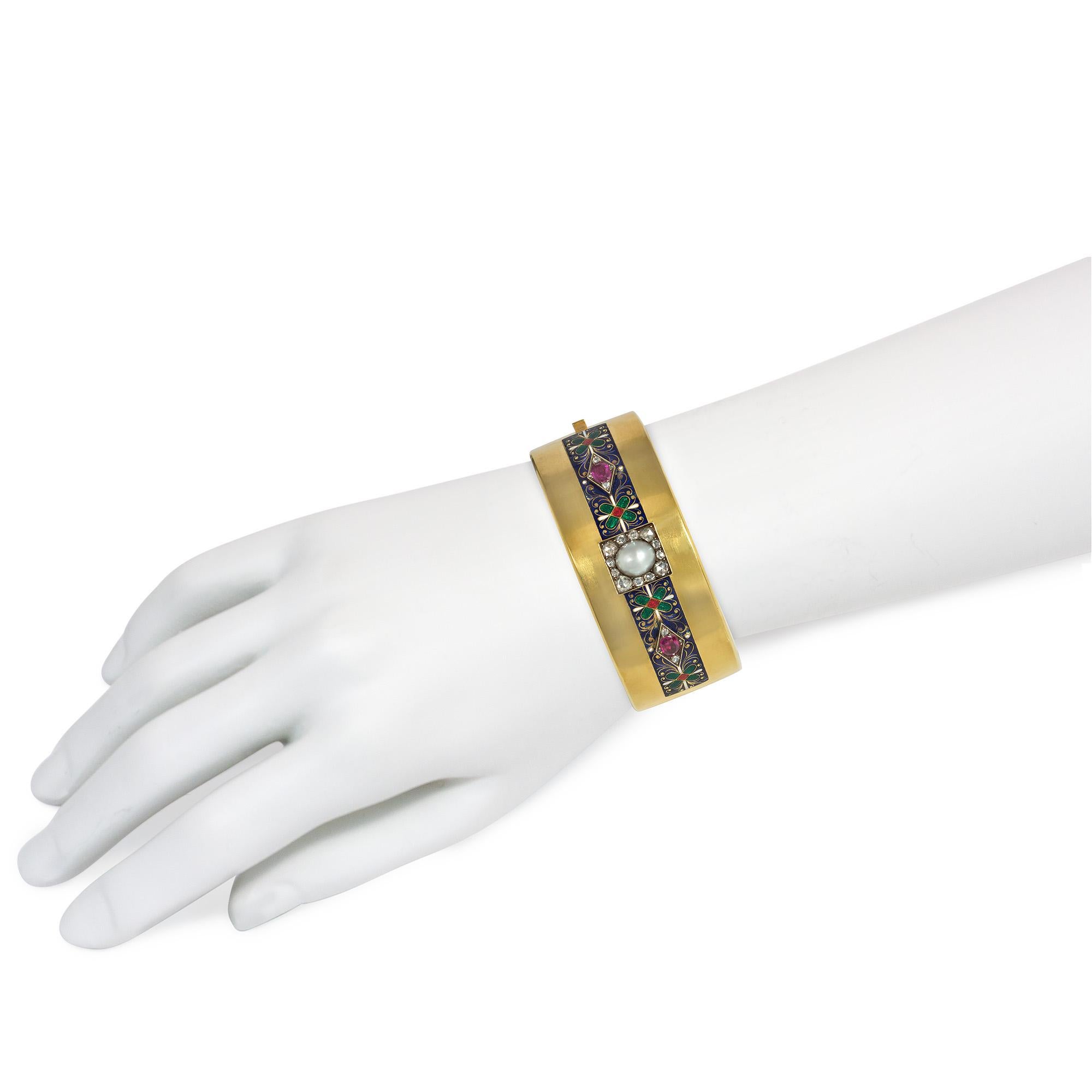 Women's or Men's Victorian Gold, Enamel, and Gemstone Holbeinesque Cuff Bracelet For Sale