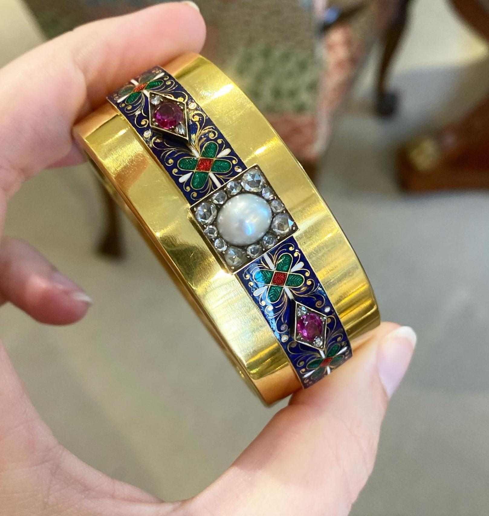 Victorian Gold, Enamel, and Gemstone Holbeinesque Cuff Bracelet For Sale 1