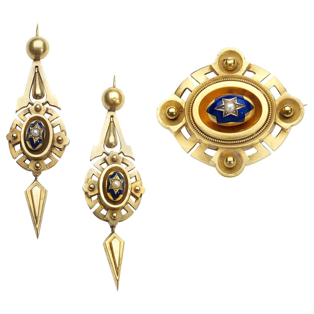 Victorian Gold Enamel and Pearl Earrings and Brooch Suite, circa 1875