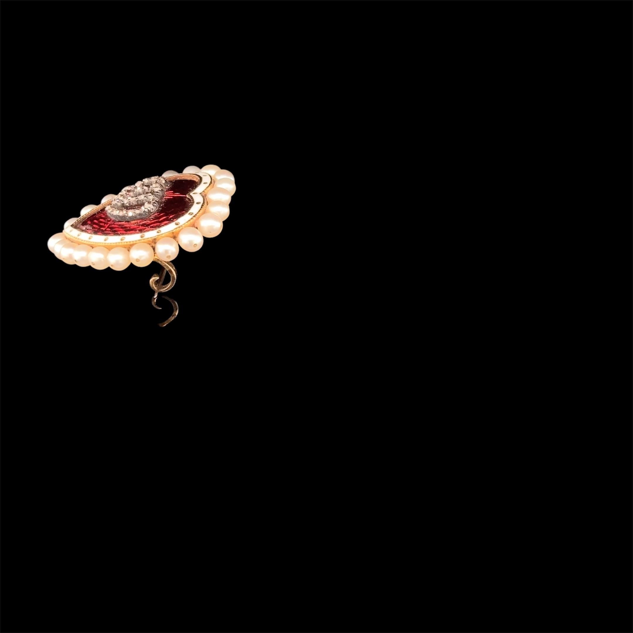 Victorian Gold, Enamel, Diamond and Pearl Heart Brooch 1