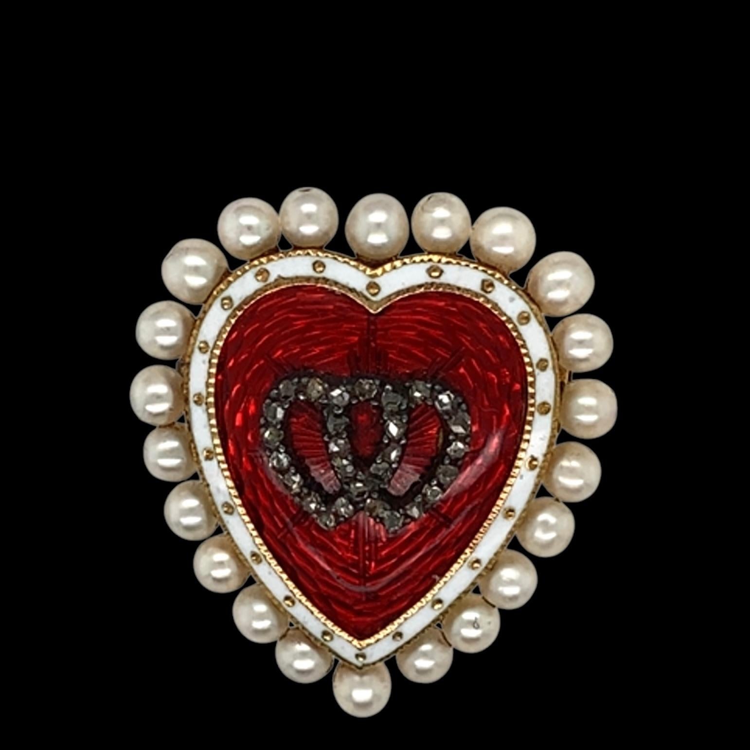 Victorian Gold, Enamel, Diamond and Pearl Heart Brooch 3