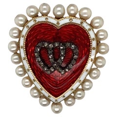 Victorian Gold, Enamel, Diamond and Pearl Heart Brooch