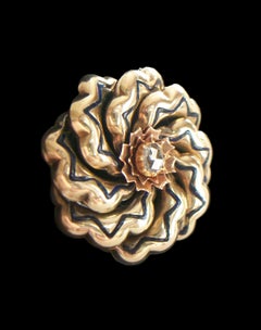 Victorian Gold & Enamel Flower Brooch with Center Rose Cut Diamond, Circa 1900
