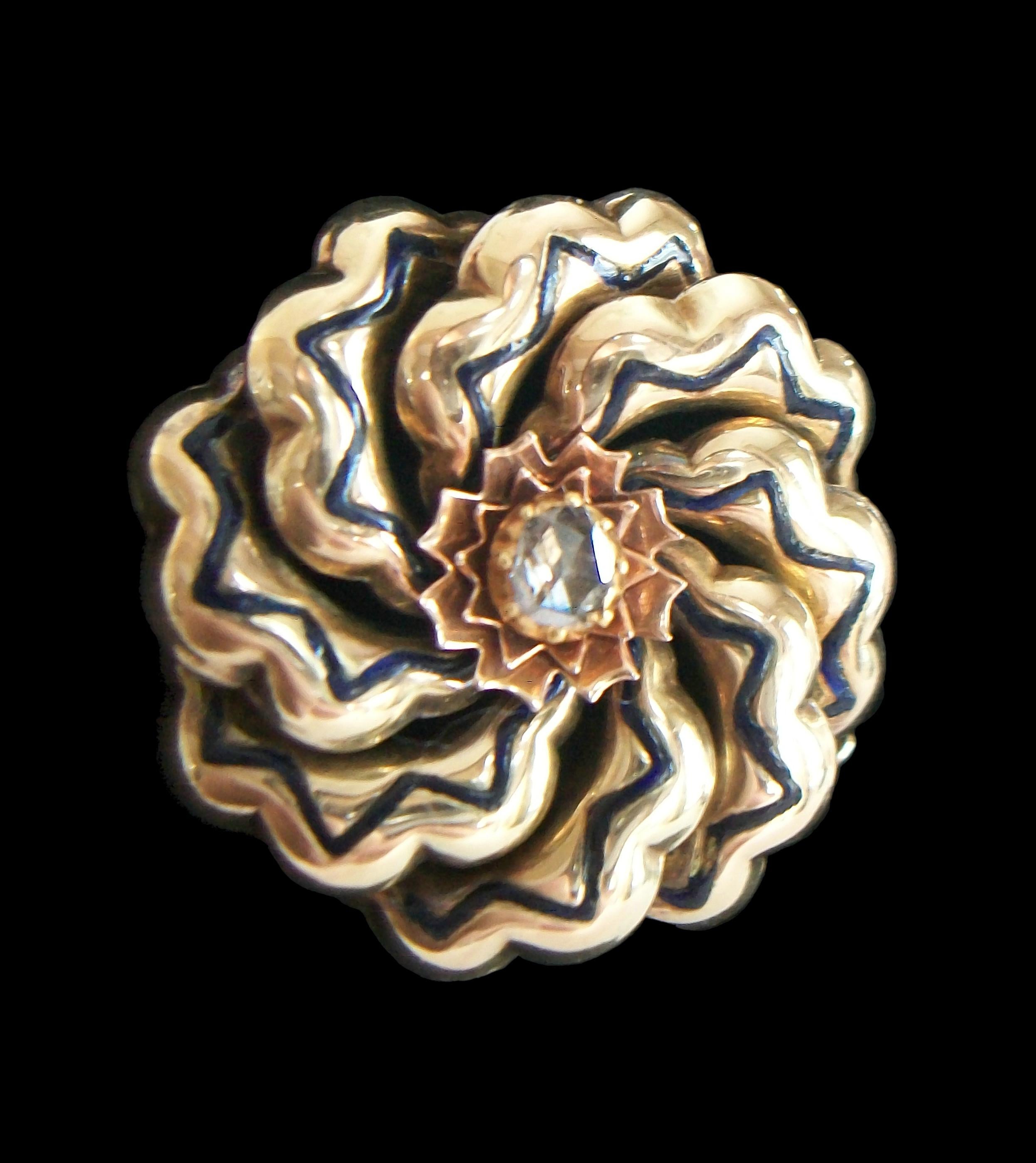 Victorian Gold & Enamel Flower Brooch with Center Rose Cut Diamond, Circa 1900 In Good Condition For Sale In Chatham, CA