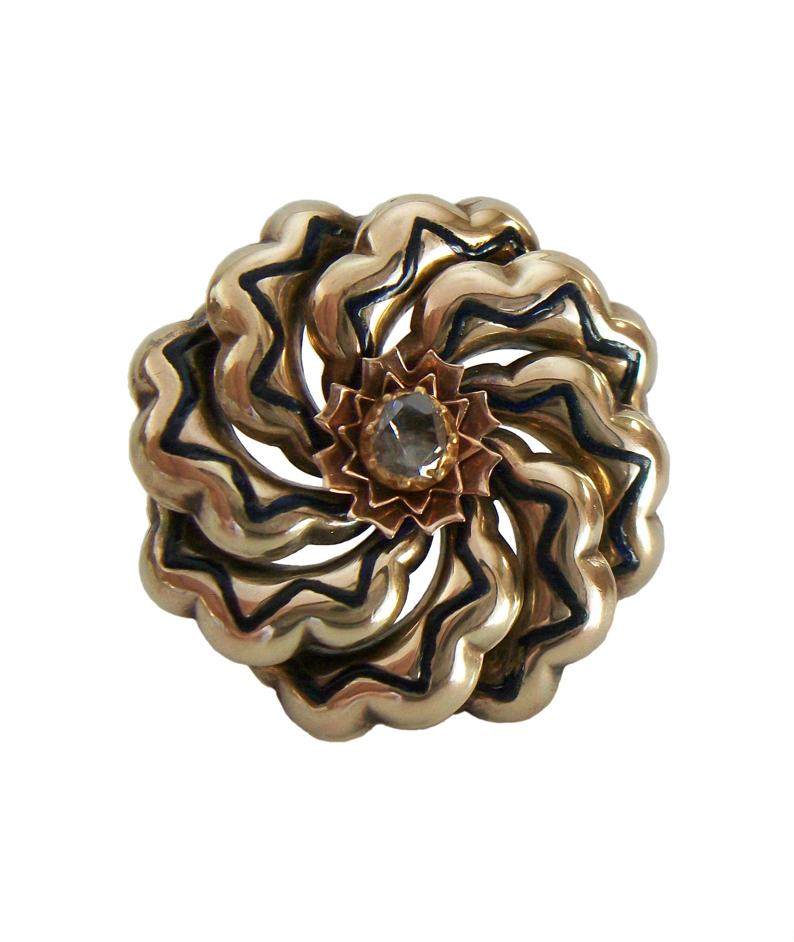 Women's Victorian Gold & Enamel Flower Brooch with Center Rose Cut Diamond, Circa 1900 For Sale