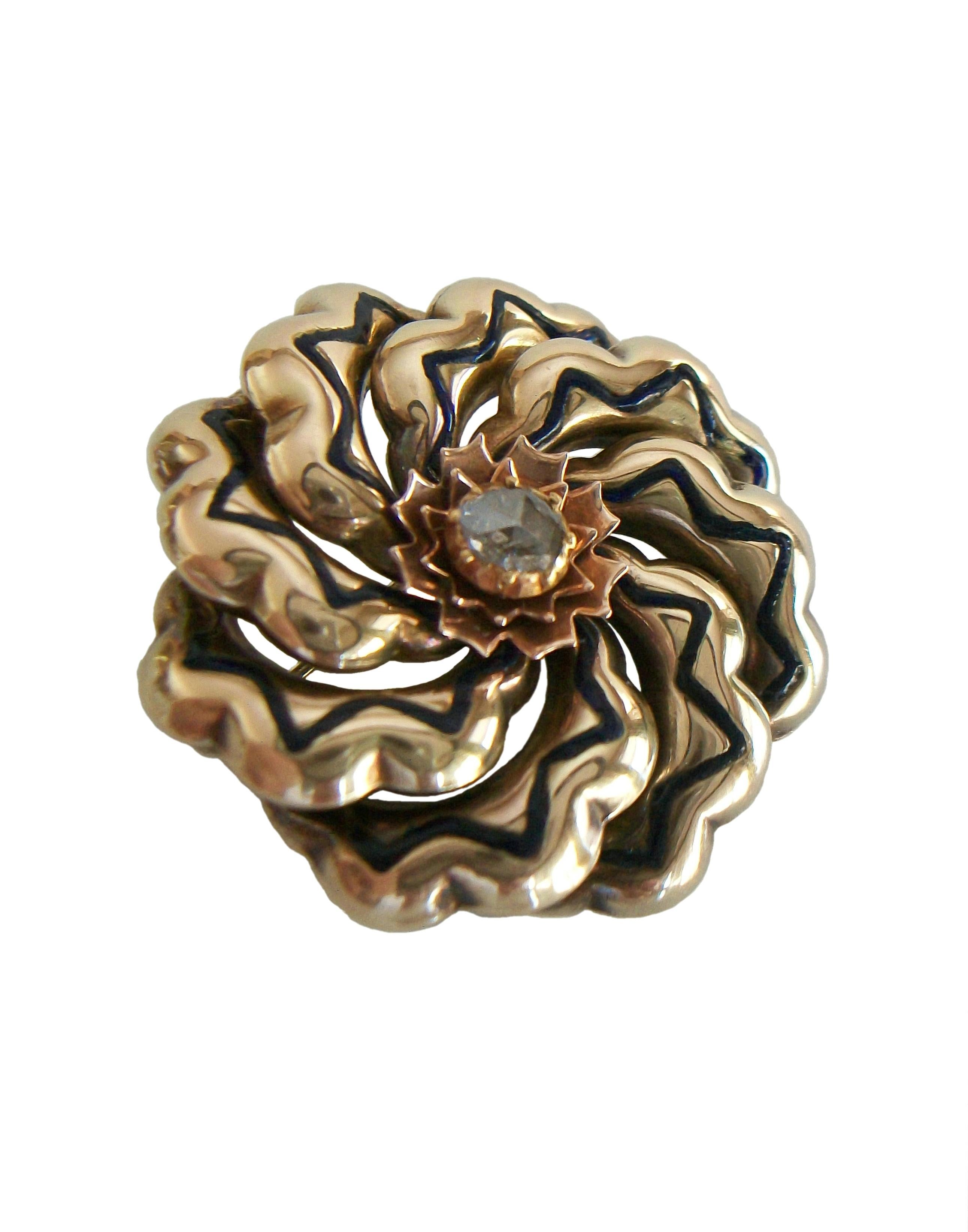Victorian Gold & Enamel Flower Brooch with Center Rose Cut Diamond, Circa 1900 For Sale 1