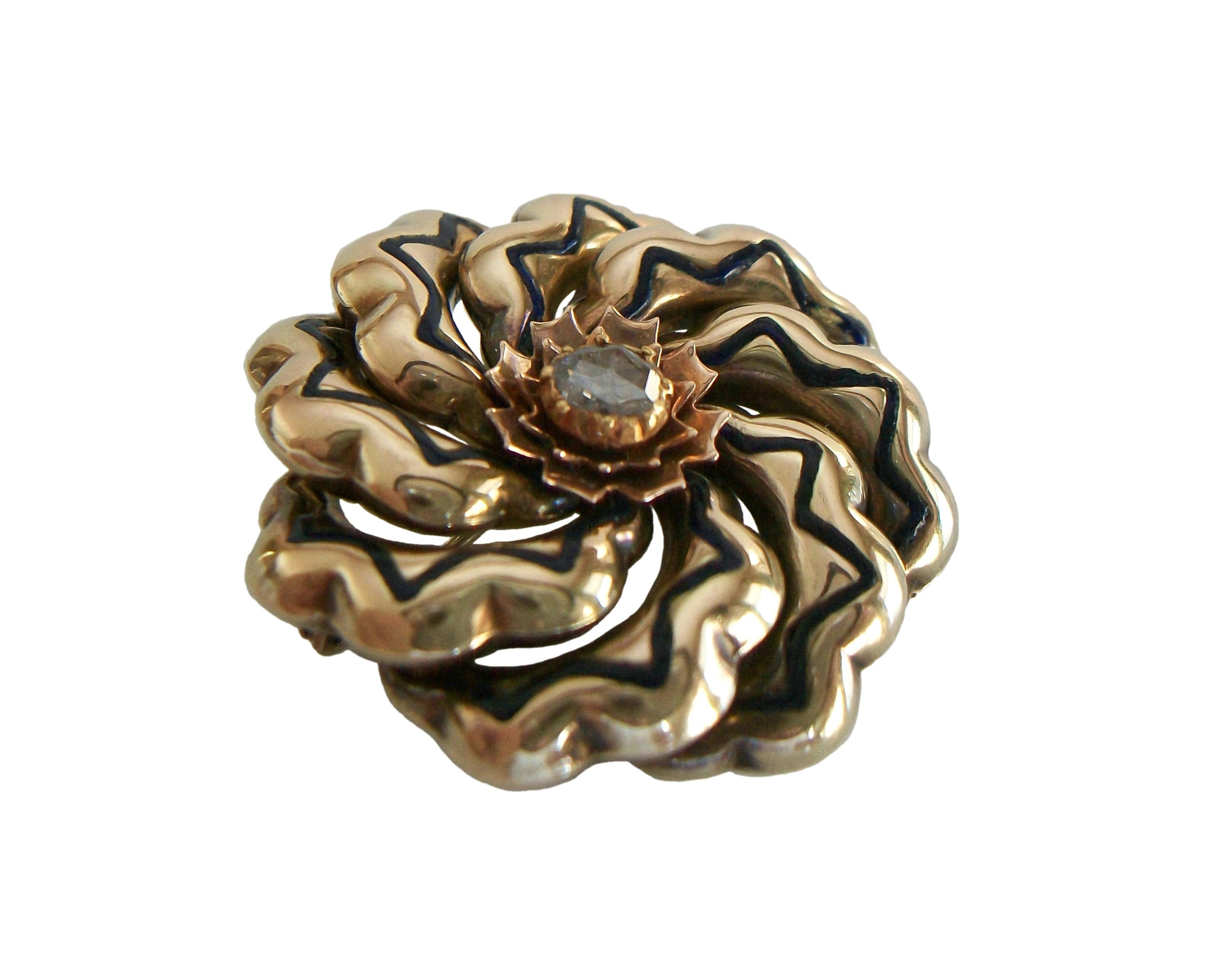 Victorian Gold & Enamel Flower Brooch with Center Rose Cut Diamond, Circa 1900 For Sale 3