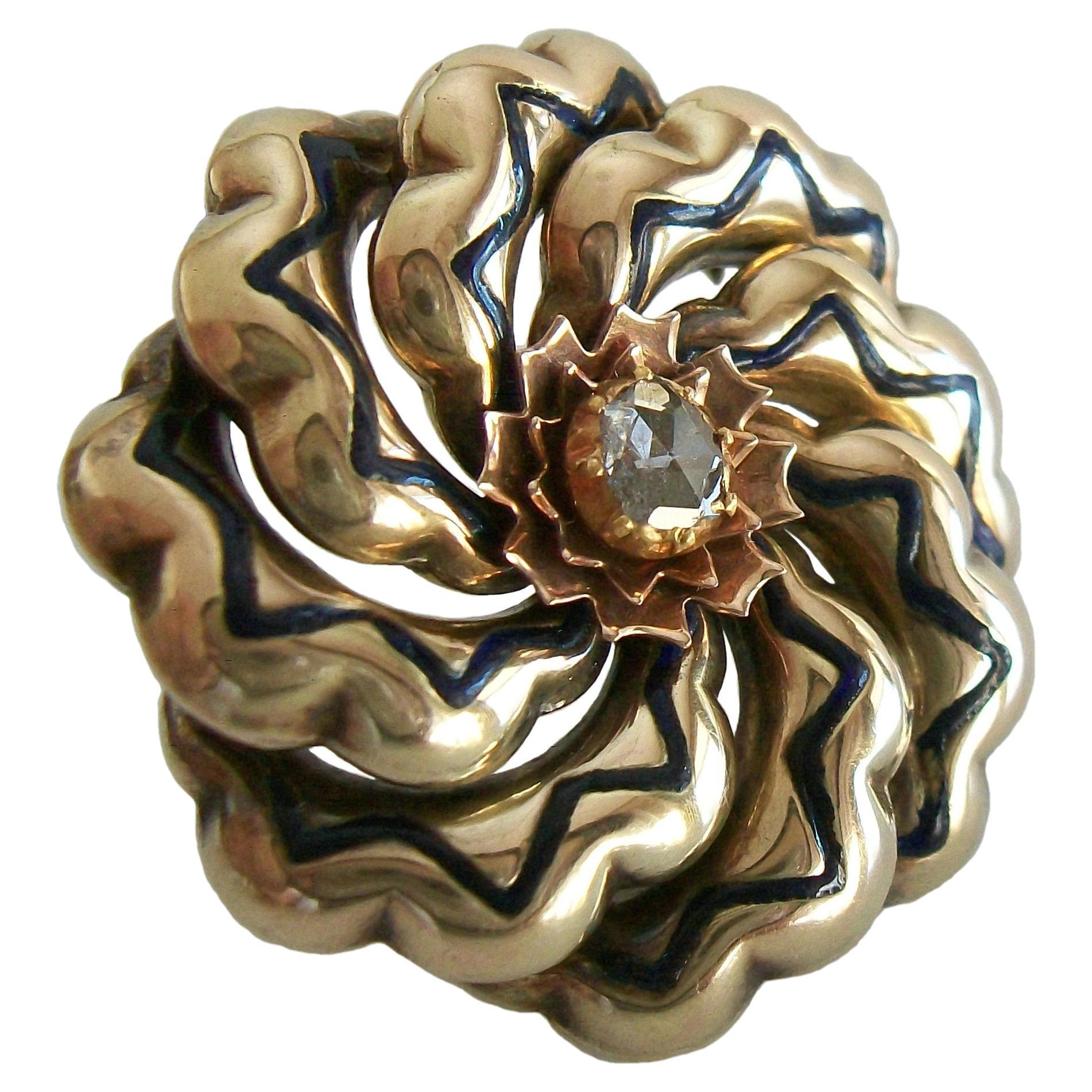 Victorian Gold & Enamel Flower Brooch with Center Rose Cut Diamond, Circa 1900 For Sale
