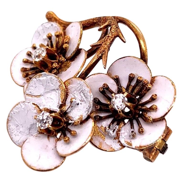 Victorian Gold Enamel Flower Brooche 0.12 Carat Natural Euro Diamond, circa 1920