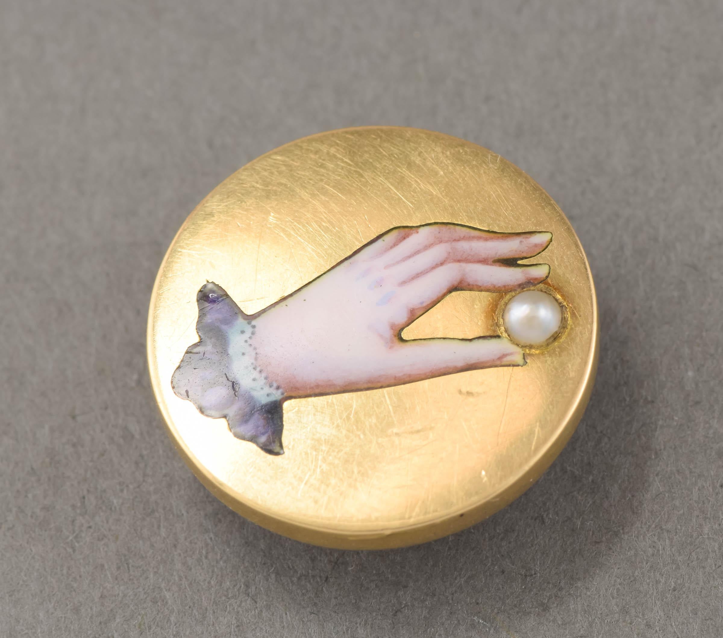 Victorian Gold Enamel Hand Holding Pearl Button Style Cufflinks In Good Condition In Danvers, MA