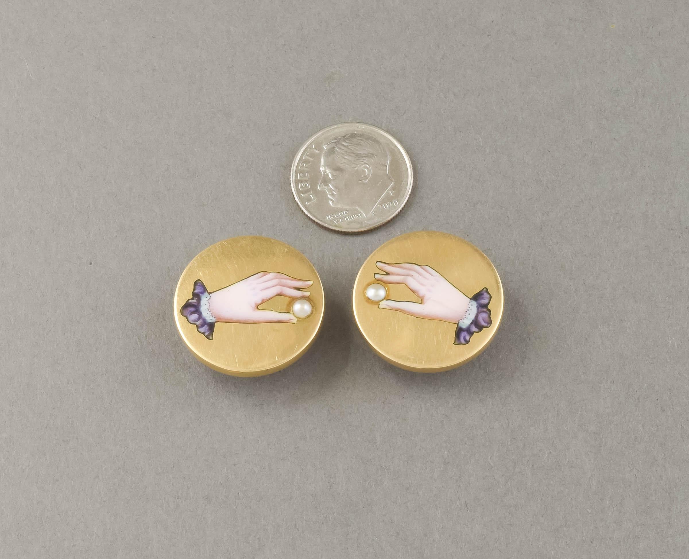 Women's or Men's Victorian Gold Enamel Hand Holding Pearl Button Style Cufflinks