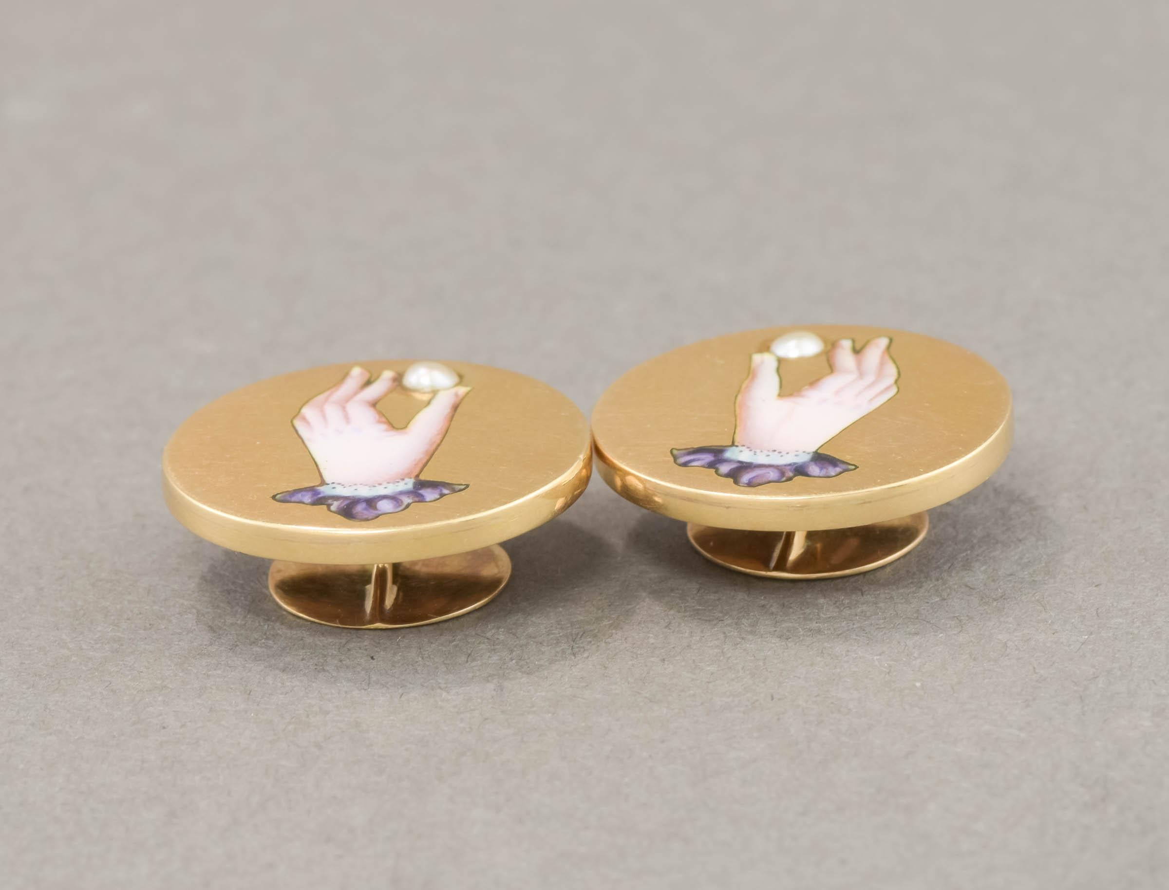 Victorian Gold Enamel Hand Holding Pearl Button Style Cufflinks 1