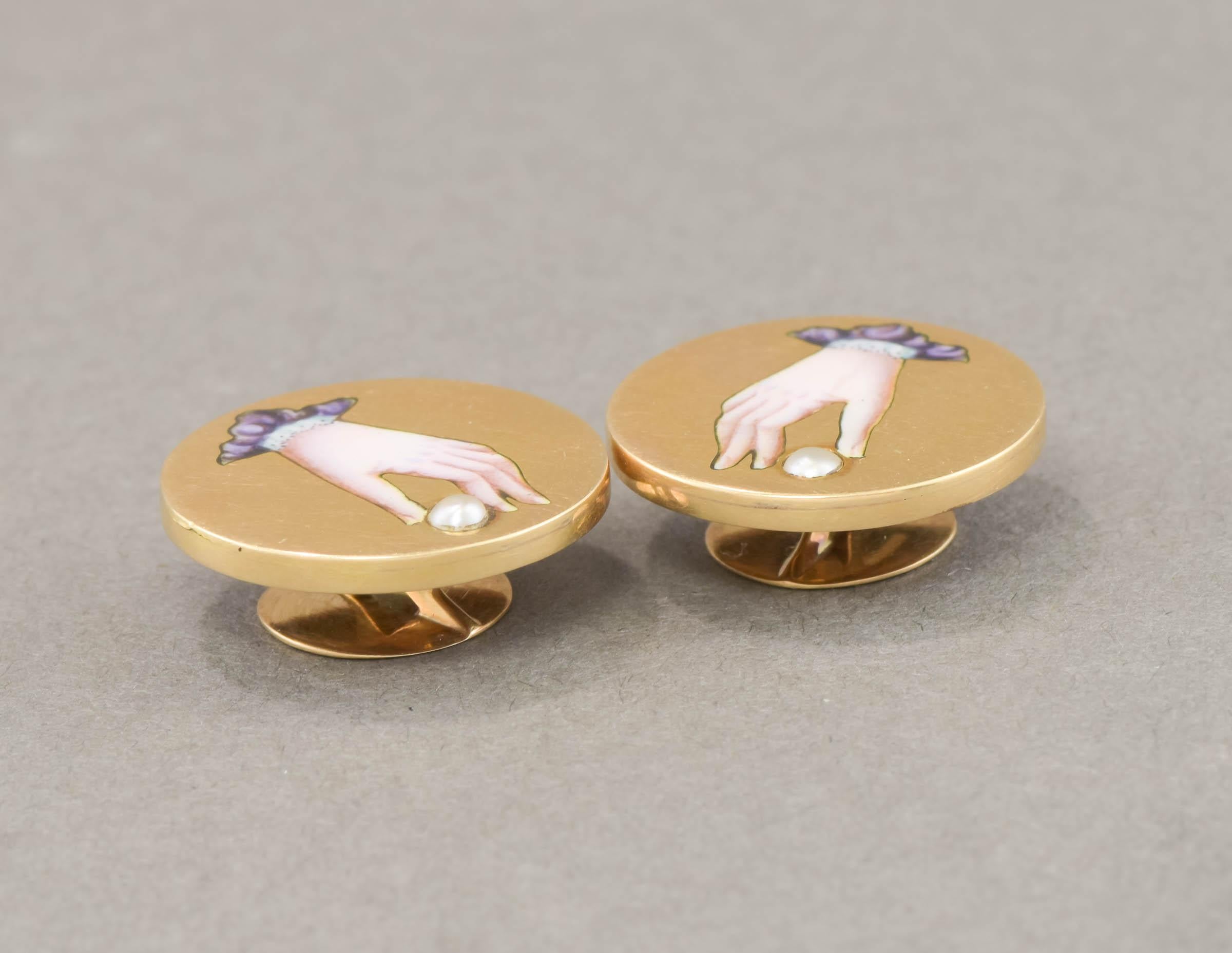 Victorian Gold Enamel Hand Holding Pearl Button Style Cufflinks 2