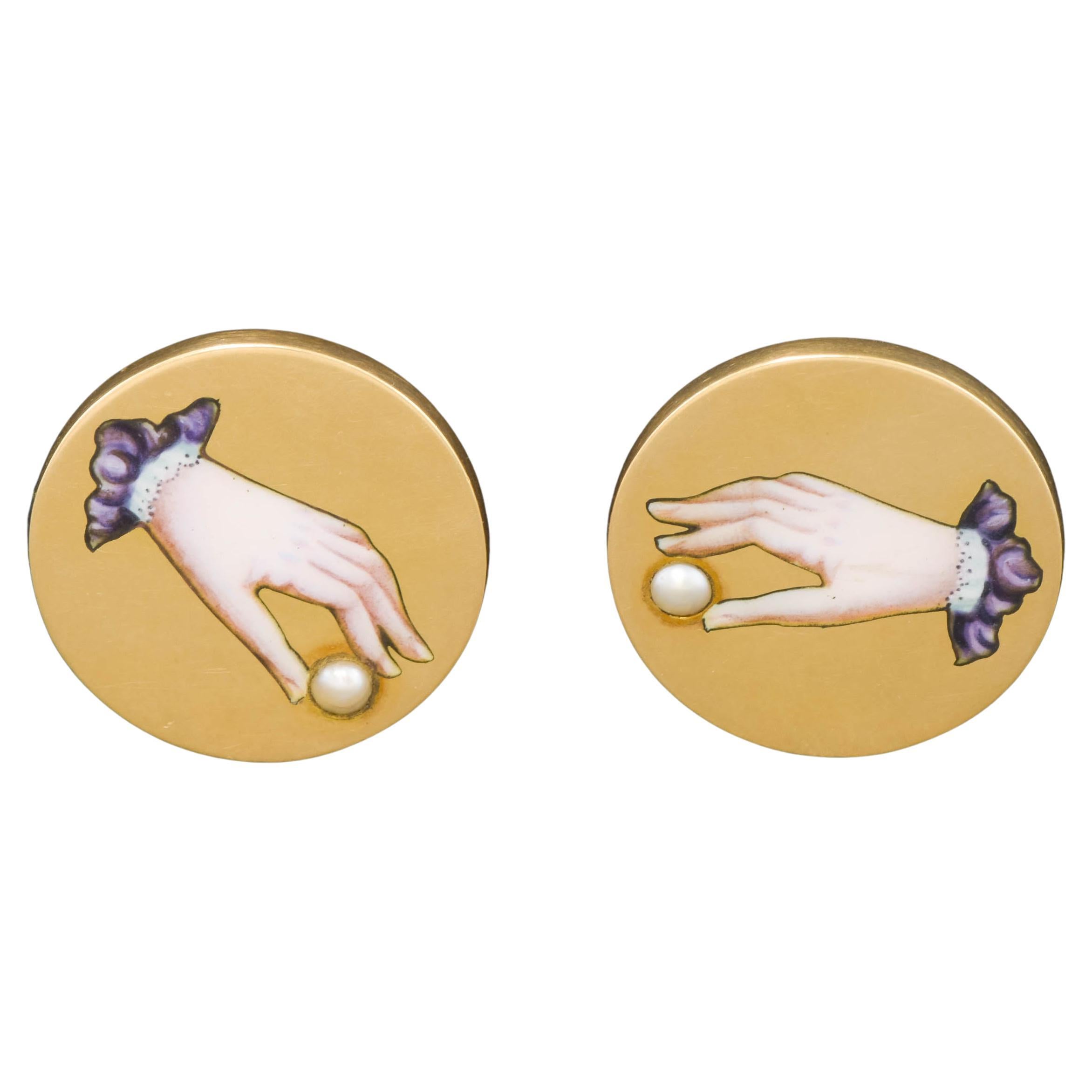 Victorian Gold Enamel Hand Holding Pearl Button Style Cufflinks