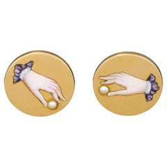 Antique Victorian Gold Enamel Hand Holding Pearl Button Style Cufflinks