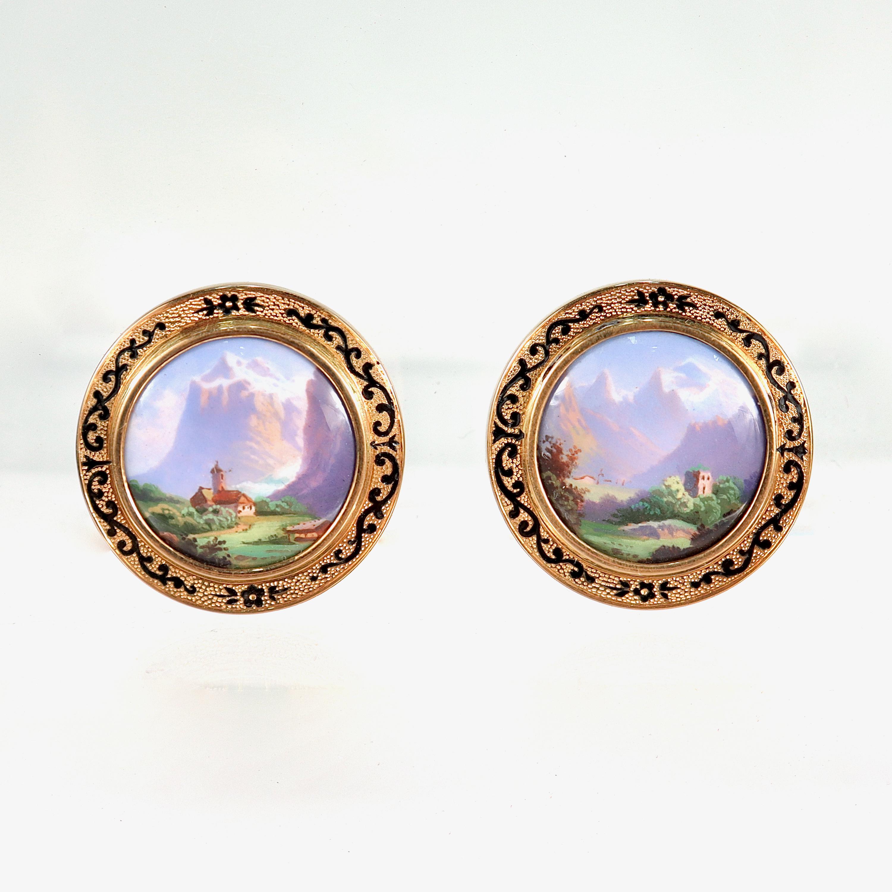 A very fine set of Swiss Victorian gold & enamel lapel buttons.

In 18 karat yellow gold. 

Each button with a round enamel painted scenes of Lake Geneva bezel set in 18k gold with filigree enamel design surrounding the enamel.

Simple a wonderful