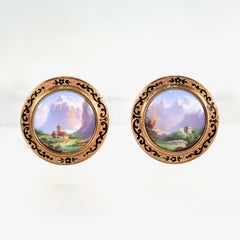 Victorian Gold & Enamel Lapel Buttons or Pins with Views of Lake Geneva