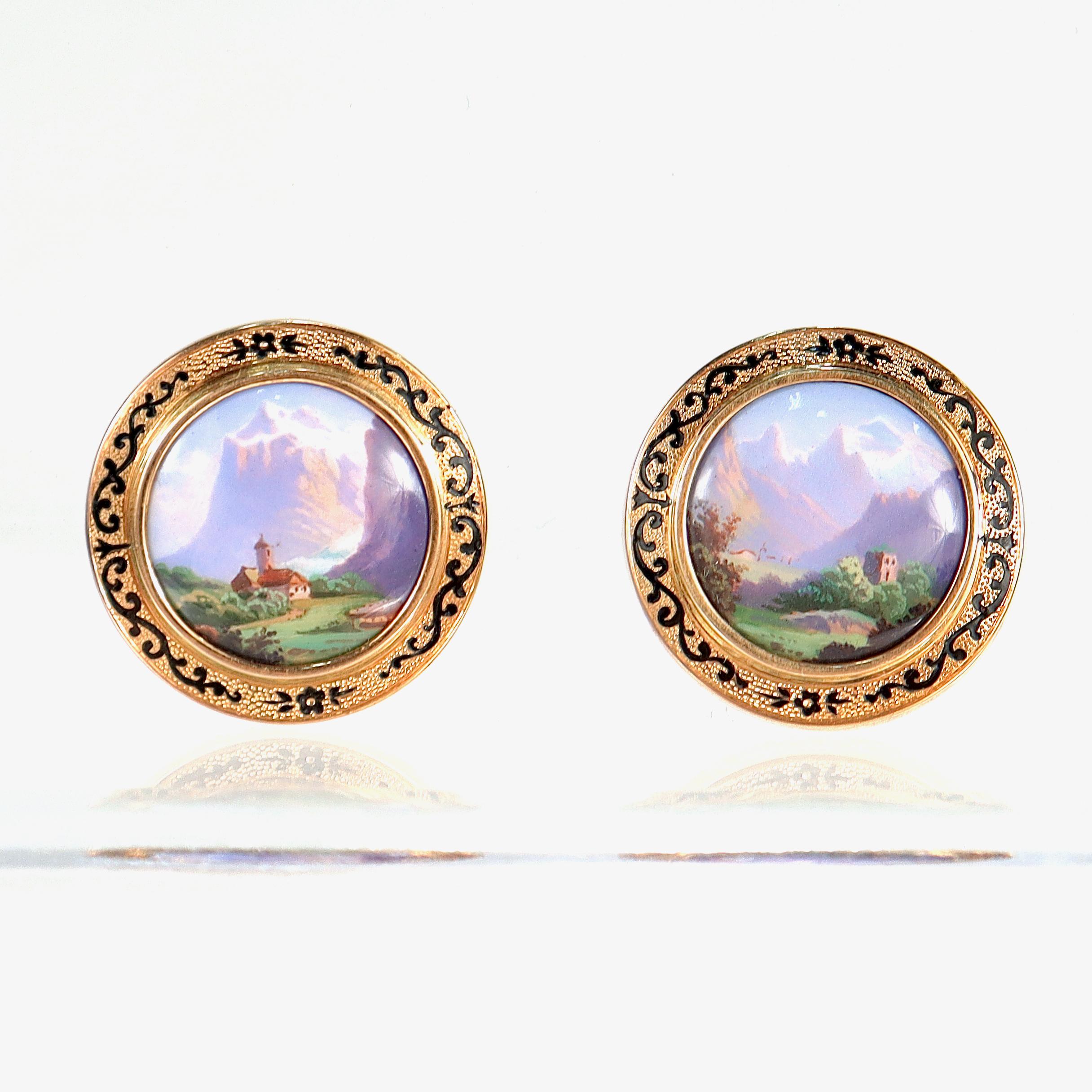 Botones o alfileres de solapa victorianos de oro y esmalte con vistas del lago Lemán Victoriano en venta