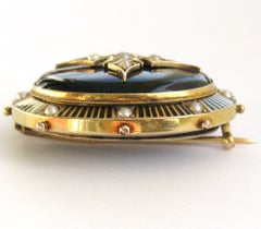 Victorian Gold & Enamel Mourning Hair Locket Brooch Seed Pearls