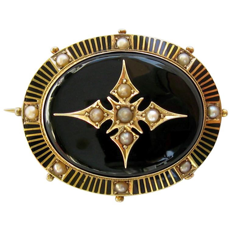 Victorian Gold & Enamel Mourning Hair Locket Brooch Seed Pearls For Sale
