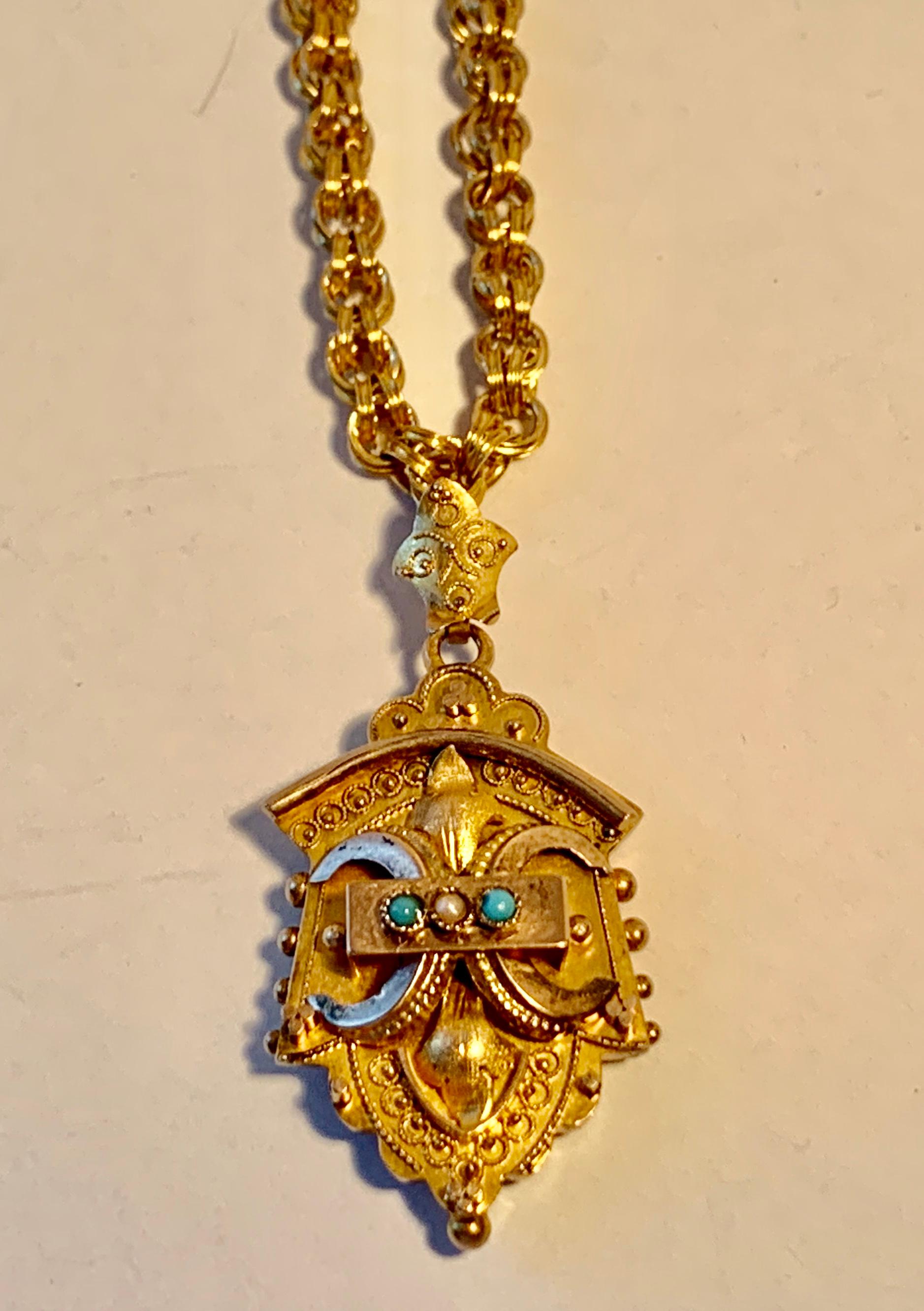 Gold gefüllt viktorianischen Medaillon und Belcher Kette mit Perle und Türkis (Viktorianisch)