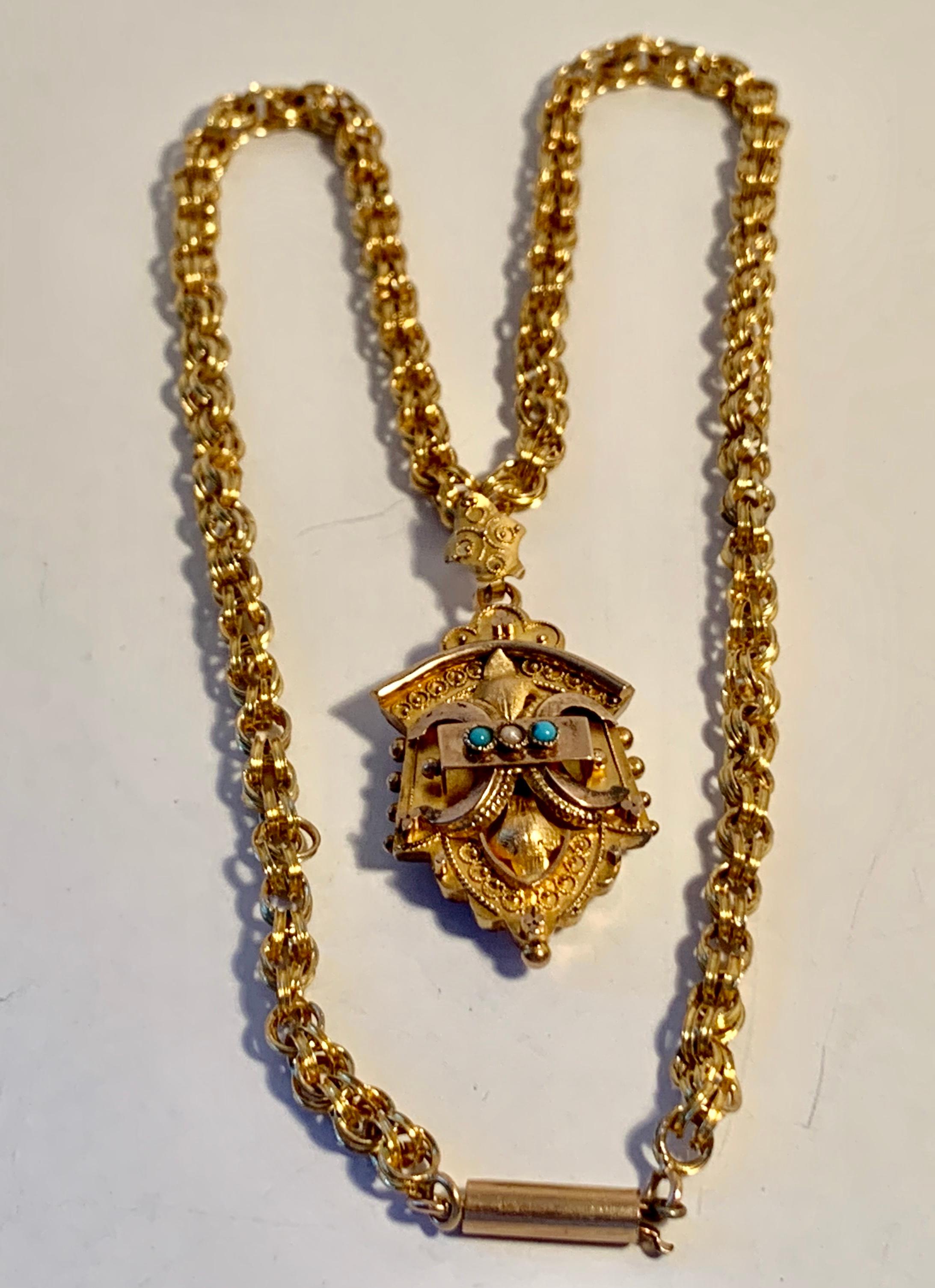 Gold gefüllt viktorianischen Medaillon und Belcher Kette mit Perle und Türkis 2