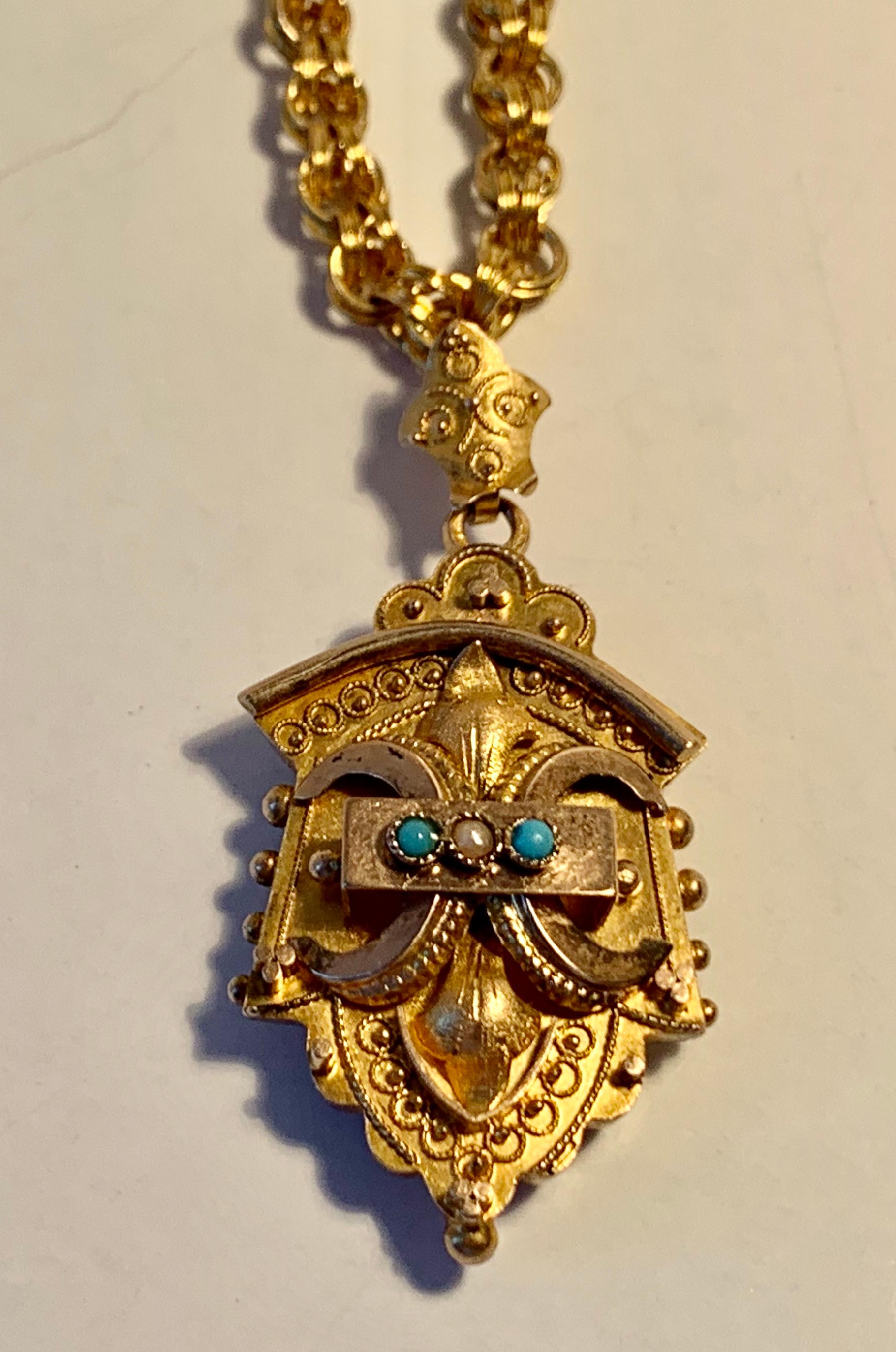 Gold gefüllt viktorianischen Medaillon und Belcher Kette mit Perle und Türkis 3