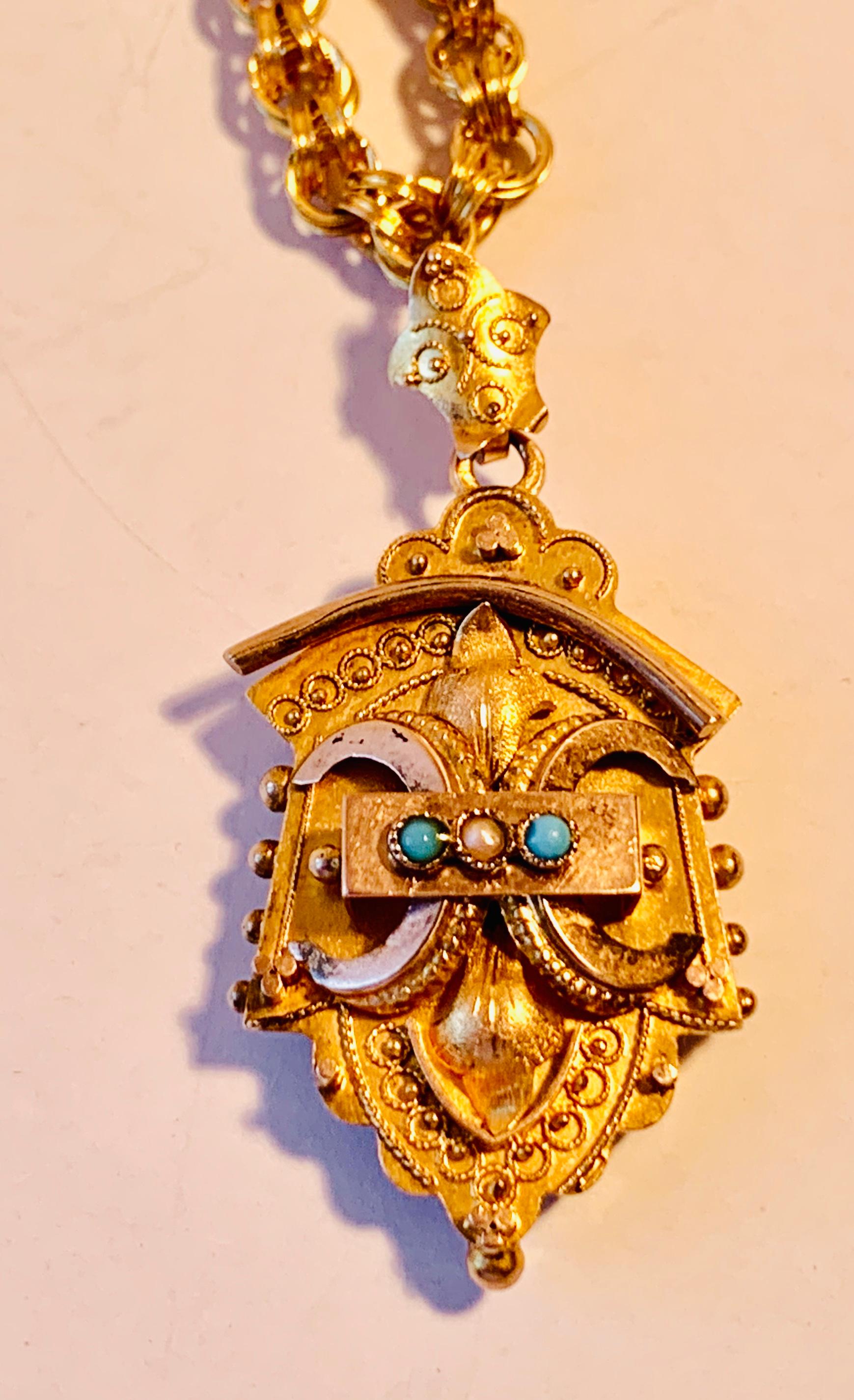 Gold gefüllt viktorianischen Medaillon und Belcher Kette mit Perle und Türkis 4