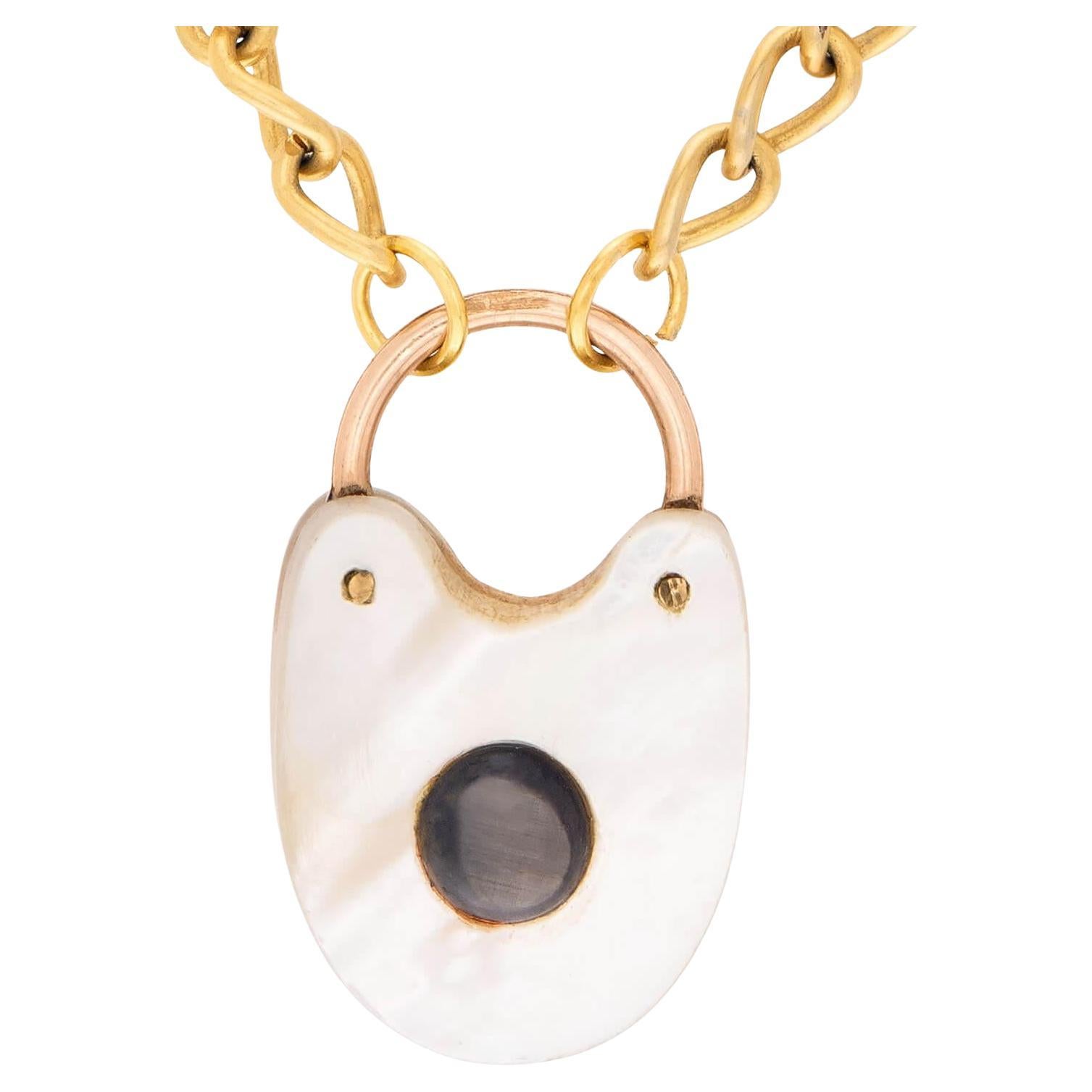 Victorian Gold Filled Mother of Pearl Padlock Pendant Necklace
