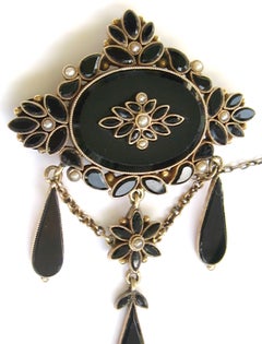Victorian 14K Gold French Brooch Jet onyx Seed Pearl Mourning Pin