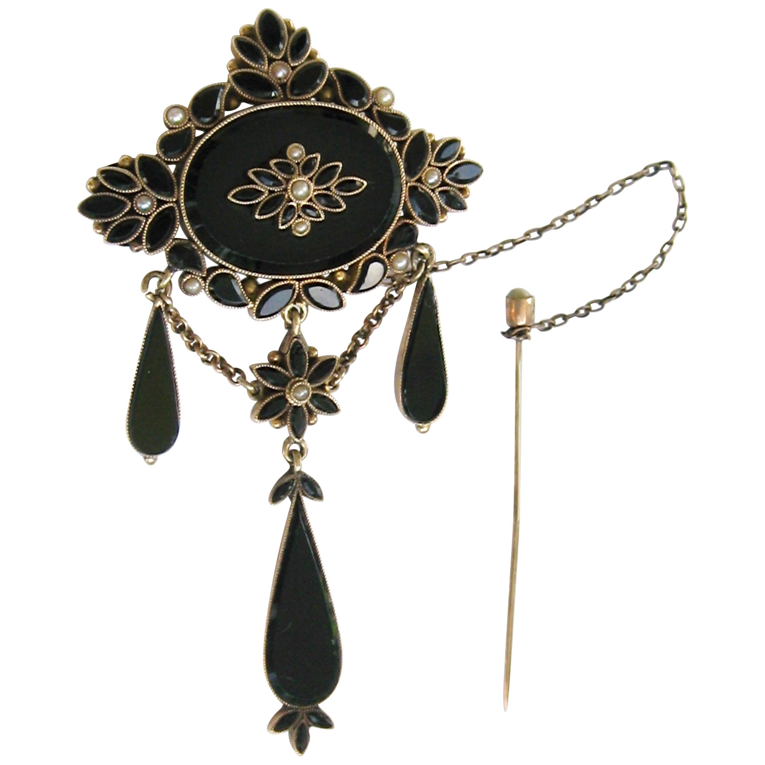 Victorian 14K Gold French Brooch Jet onyx Seed Pearl Mourning Pin 