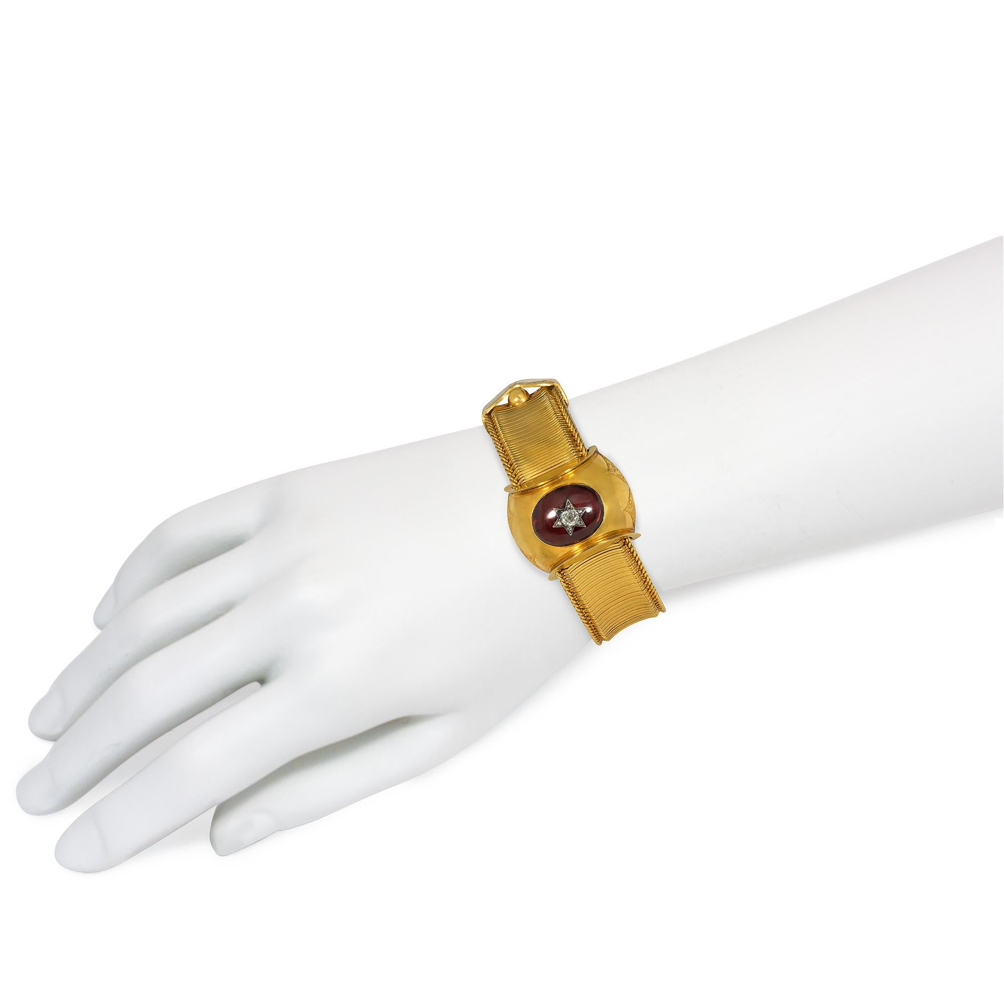Victorian Gold, Garnet, and Star-Set Diamond Belt Strap Slide Bracelet In Good Condition For Sale In New York, NY