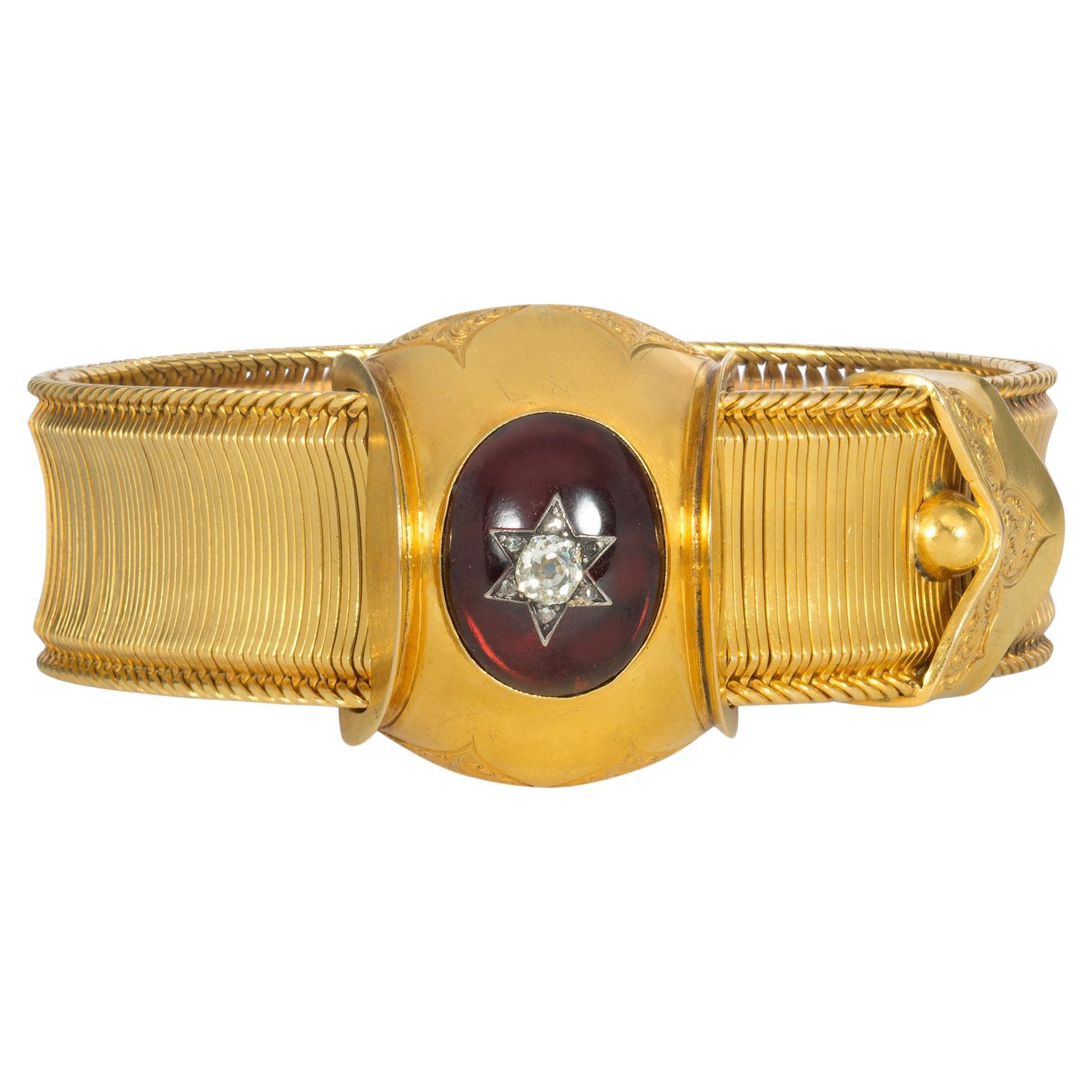 Victorian Gold, Garnet, and Star-Set Diamond Belt Strap Slide Bracelet For Sale