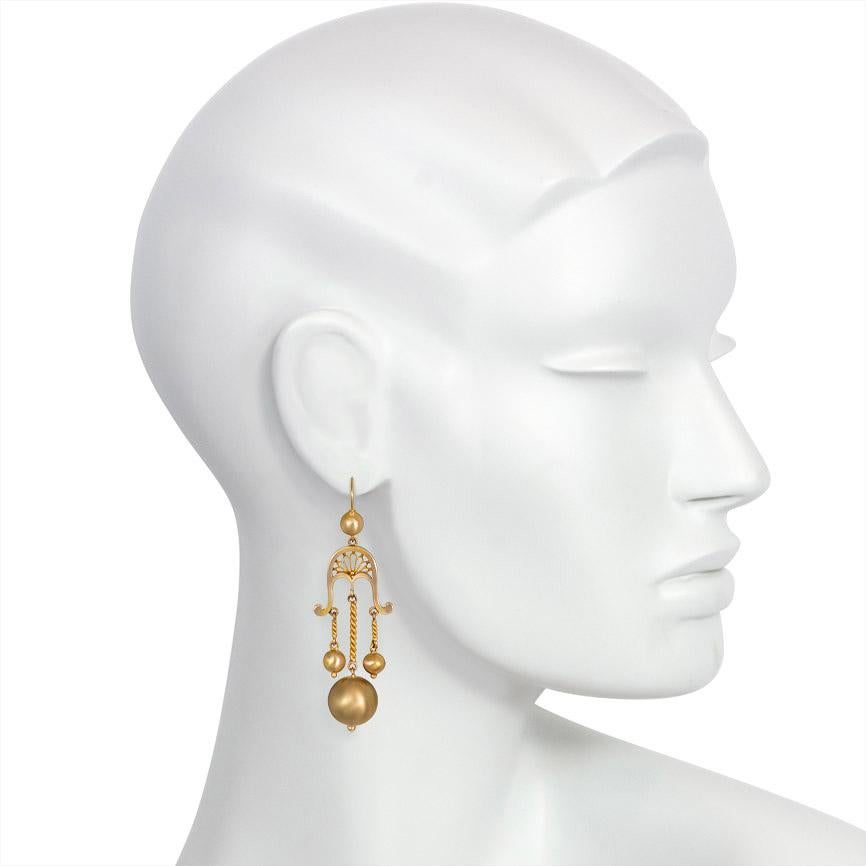 Victorian Antique Gold Girandole Style Earrings with Open Scrollwork and Ball Pendants For Sale