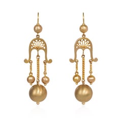 Antique Gold Girandole Style Earrings with Open Scrollwork and Ball Pendants
