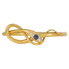 Victorian Gold Intertwined Snake Bangle Bracelet with Sapphire and Diamond Head