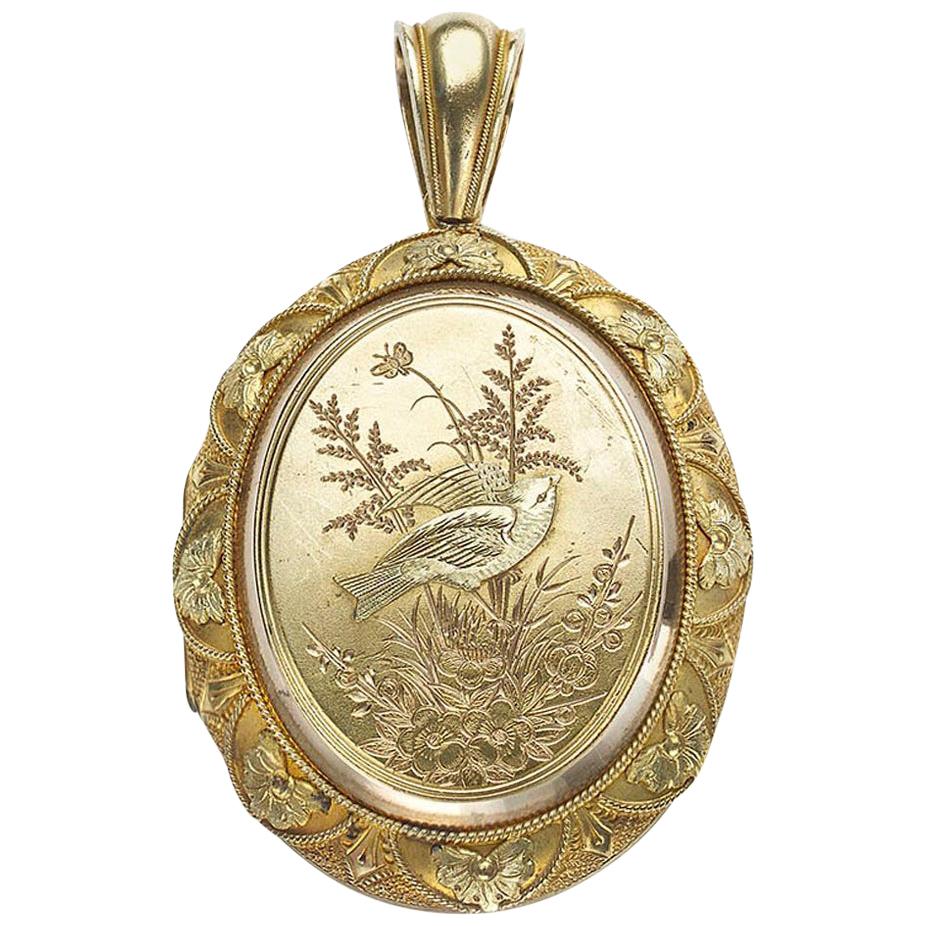 Victorian Gold Locket with Bird and Plants, circa 1875 at 1stDibs