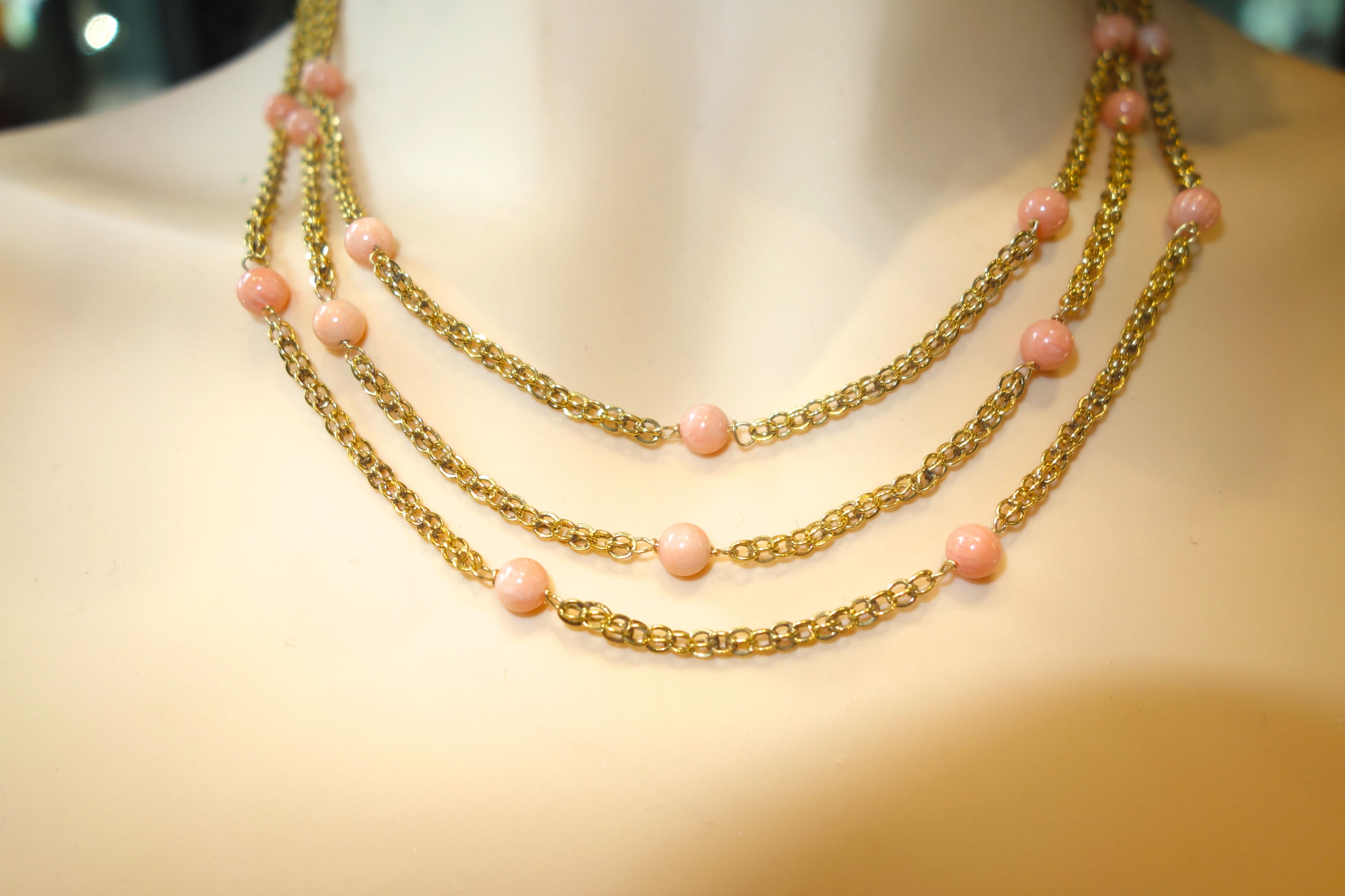 Late Victorian Victorian Gold Long Chain with Natural Coral Beads, circa 1890