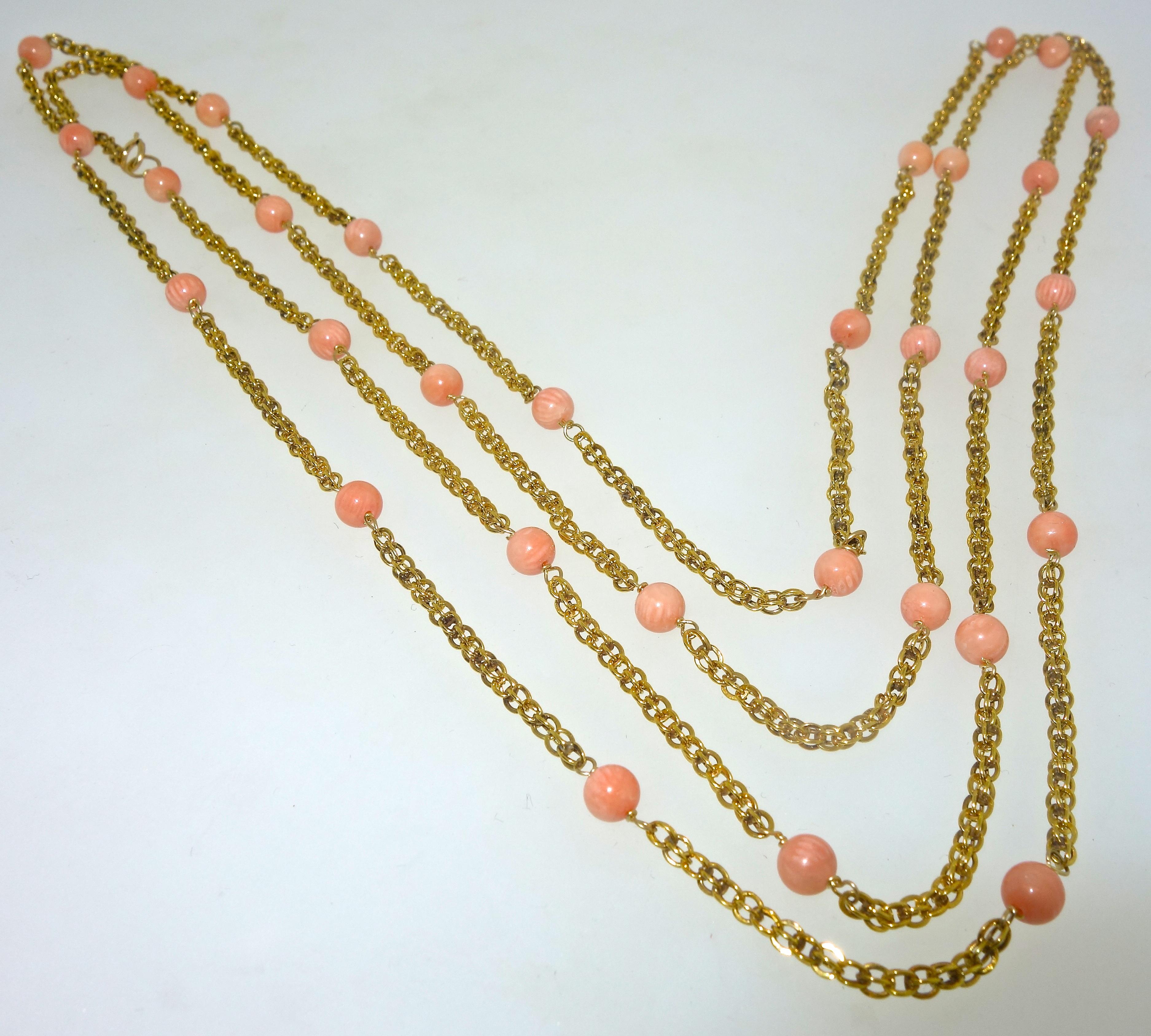 Women's or Men's Victorian Gold Long Chain with Natural Coral Beads, circa 1890