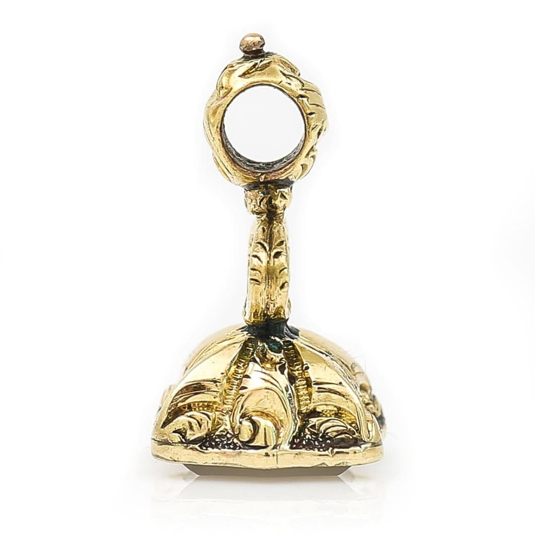 Shield Cut Victorian Gold Mini Chalcedony Fob Seal with Carved Forget Me Not, circa 1880 For Sale