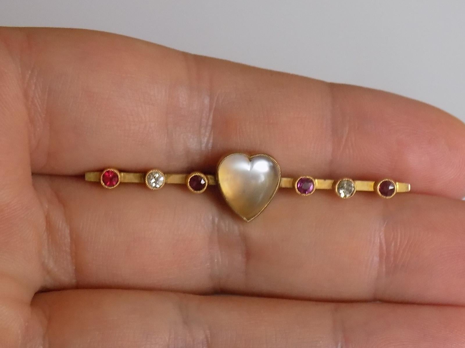 Victorian Gold Moonstone Ruby Diamond Heart Love Brooch 1