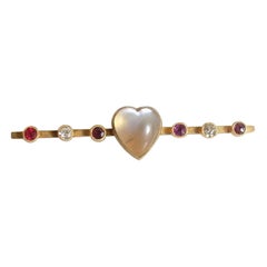 Victorian Gold Moonstone Ruby Diamond Heart Love Brooch