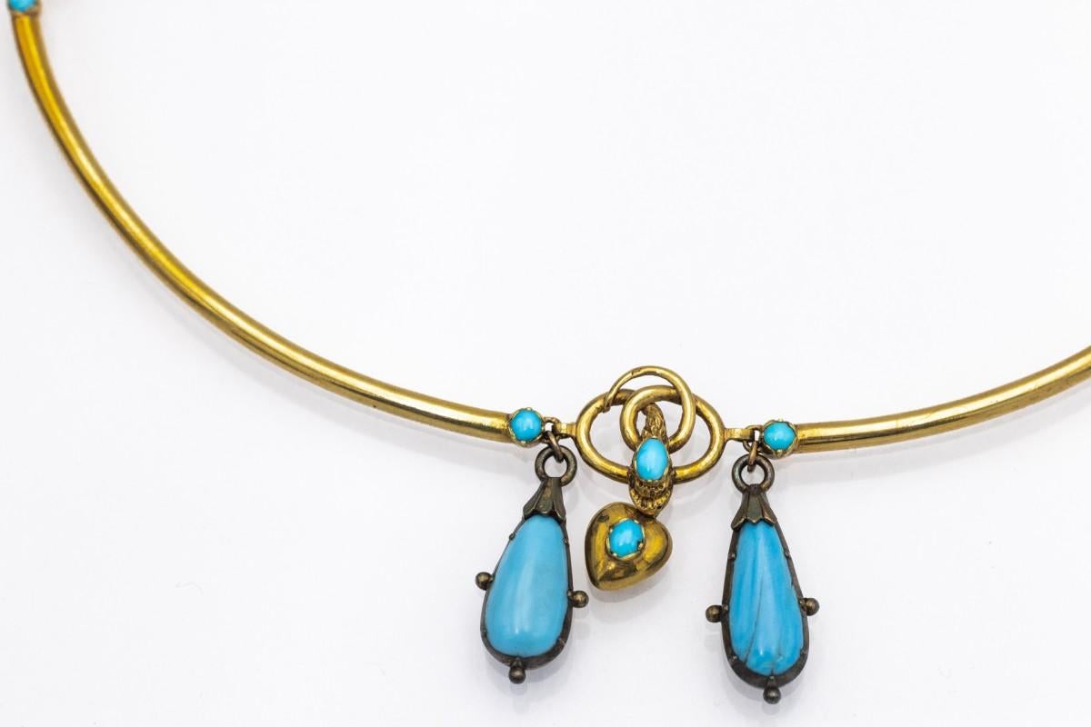 Victorian gold necklace with turquoises and snake motif, mid 19th century. In Good Condition In Chorzów, PL