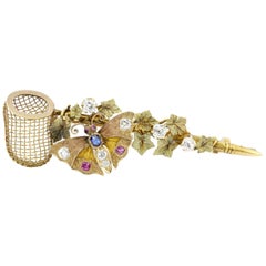 Victorian Gold Old Mine Diamond Ruby and Sapphire Butterfly Net Ivy Brooch