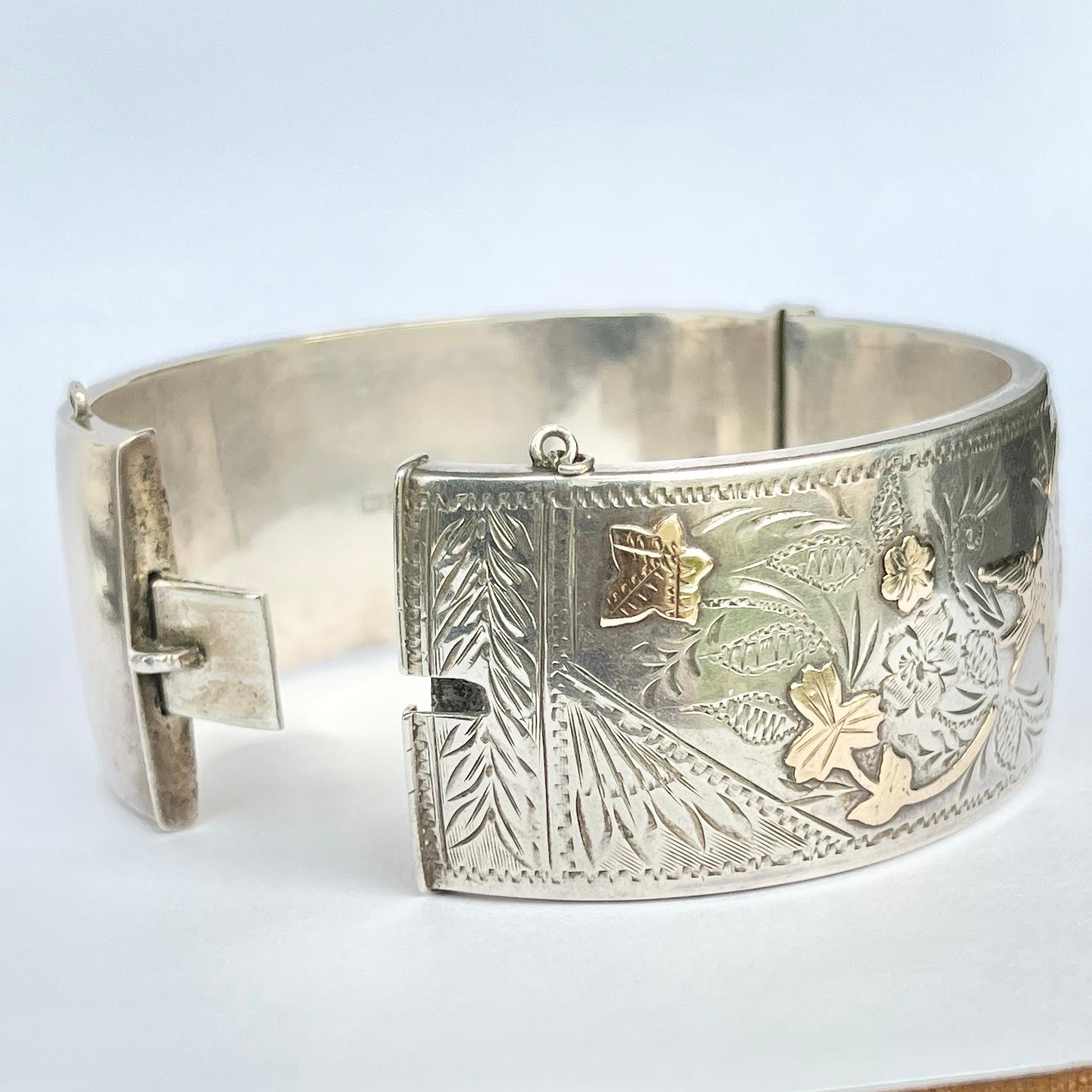 Victorian Gold Overlay Ornate Silver Bangle For Sale 1